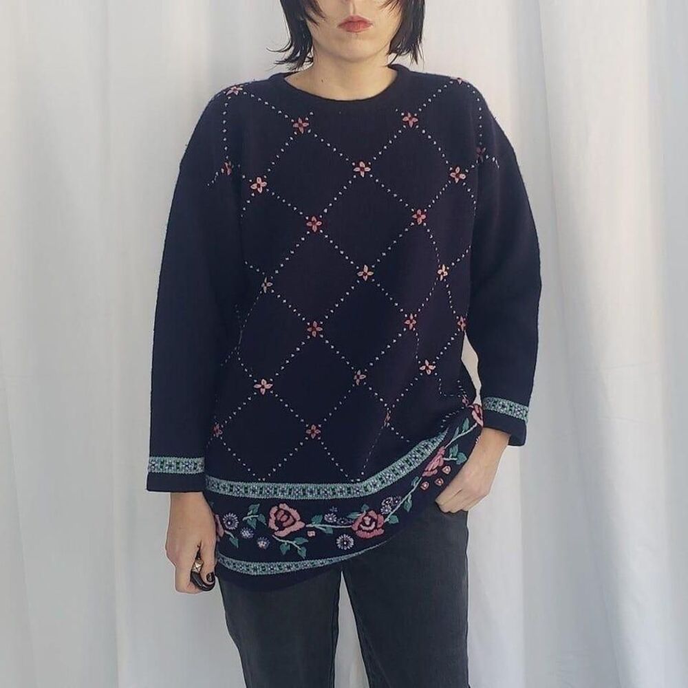 90s/00s Blue Wool Floral Sweater